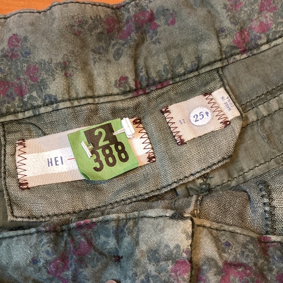 HEI HEI Petite 25P Washed Army Green Roll Cuff Crochet Pants 100% Linen Anthro - Picture 8 of 10